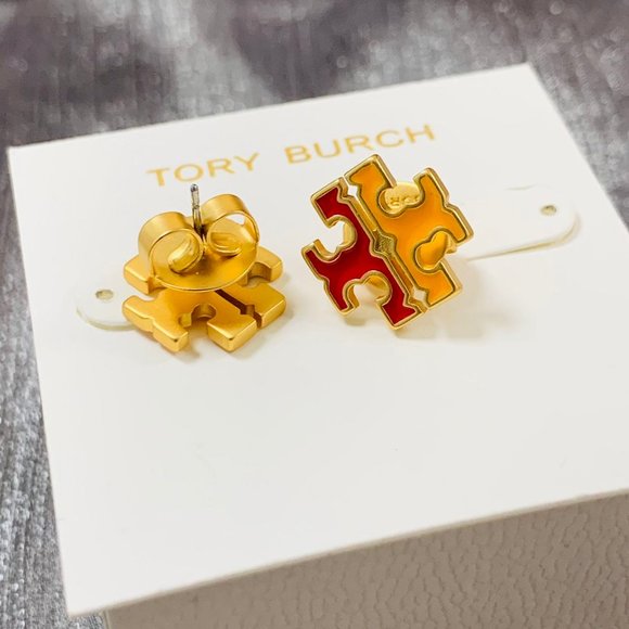 TORY BURCH Earrings • Gold Red Logo Mustard Yellow Earrings - Picture 3 of 13